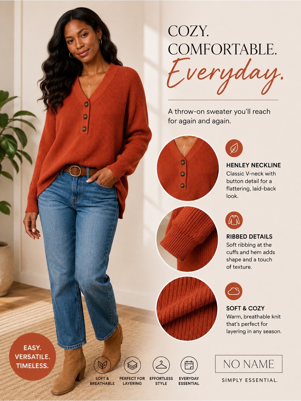 Source Unknown Rust V-Neck Henley Sweater
